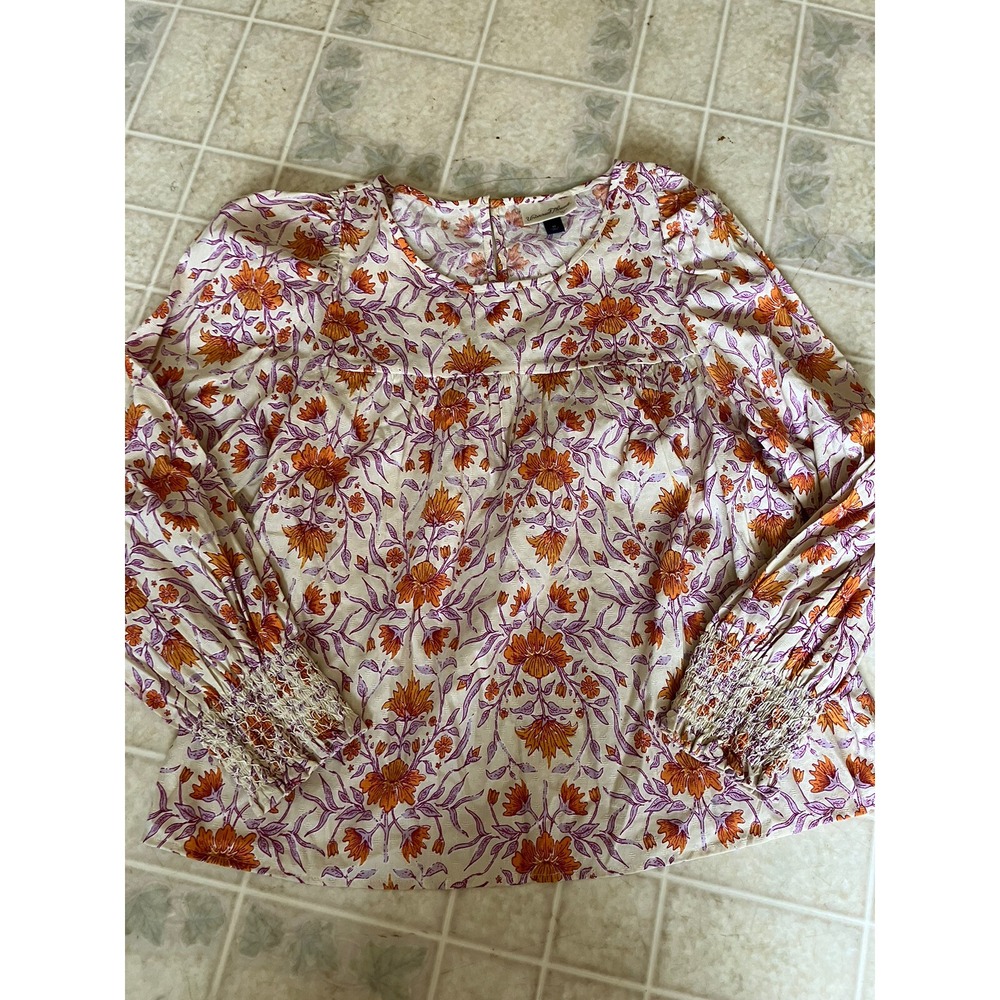 Cottagecore Peasant Top Orange Floral on Ivory Long Slv Cotton Blend Med